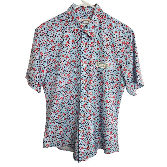 PSI International Shirt Blue All Over Print Short Sleeve Button Front Men S - Picture 1 of 9